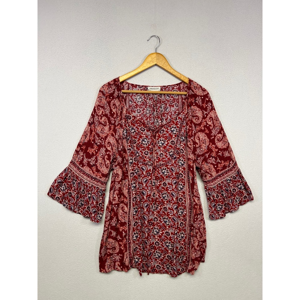 Boho Peasant Westport Womens 2X Red Paisley Floral Bell Sleeve Blouse
